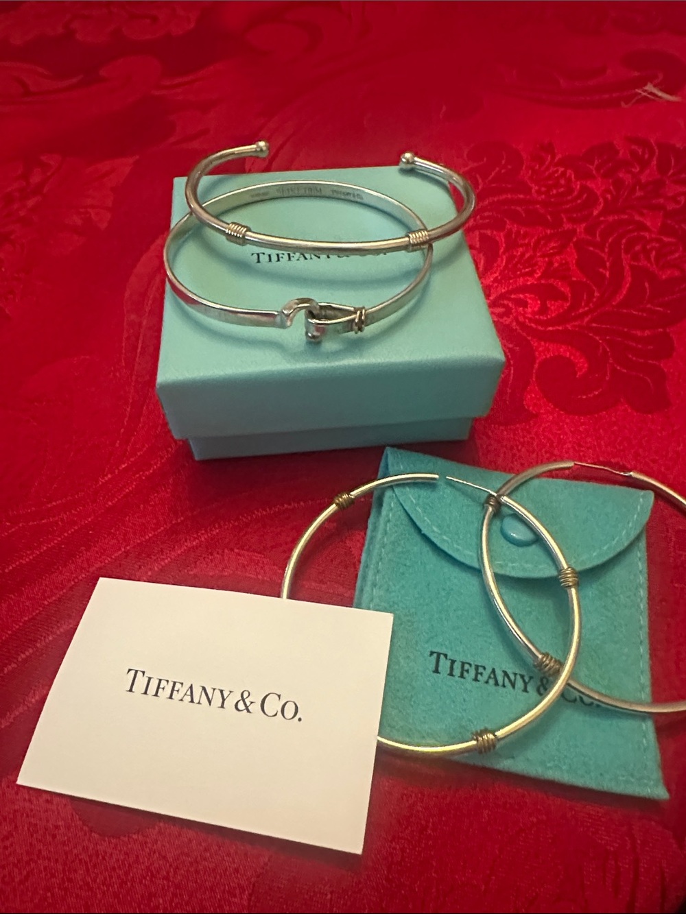 Tiffany & Co. Silver and Gold Cable-Accent Bracelet Set w/Large Matching Earring